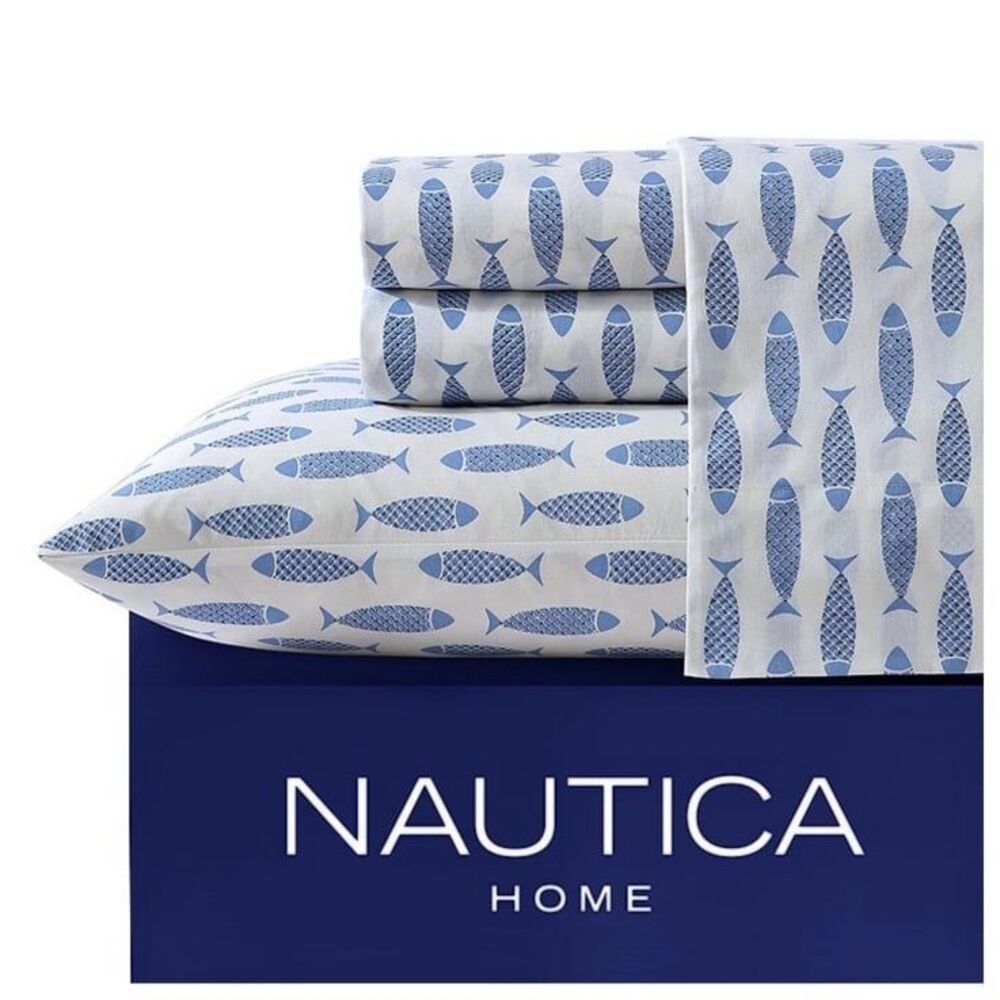 Nautica Woodblock Fish Blue White King Sheet Set T200 NEW